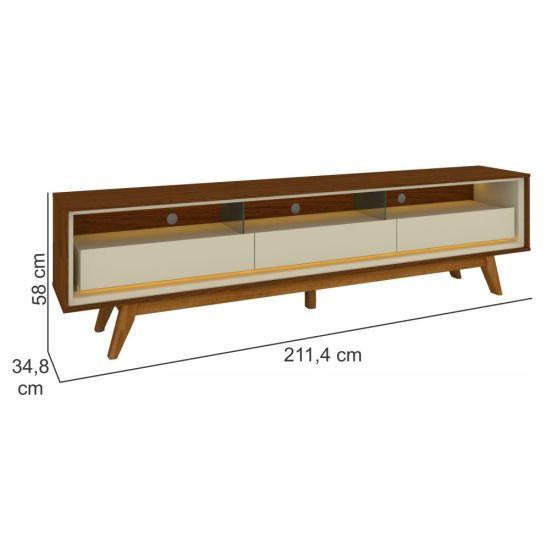 Rack Bancada para TV de 85 Gelius Requinte 100% MDF com Largura de 211,4 cm 03 gavetas LED e pés de madeira Castanho OFF White