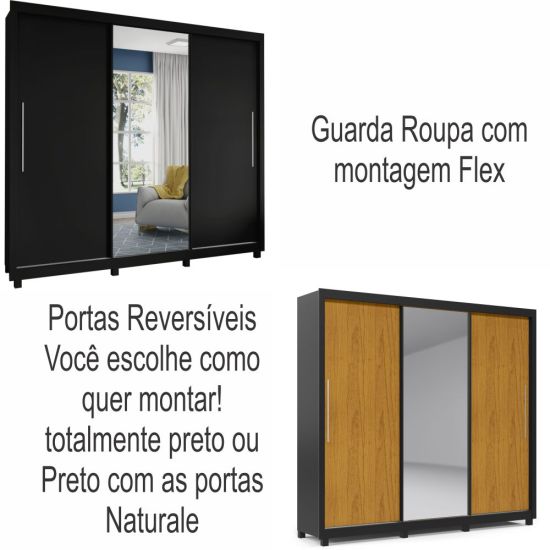 Guarda Roupas casal Gelius Royale com 228,5 cm de Largura 3 portas de correr com espelho – Preto/Naturale