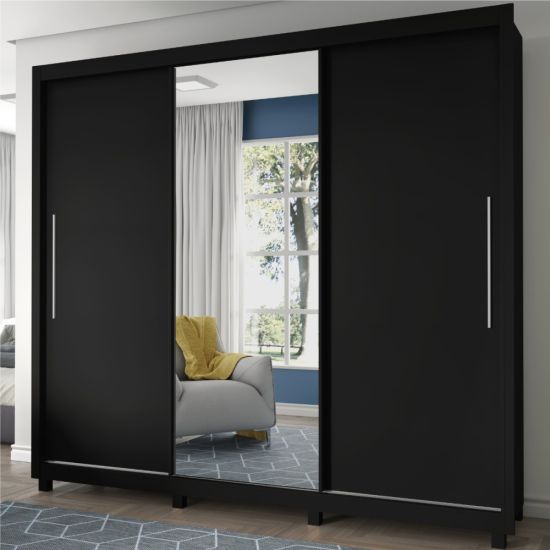 Guarda Roupas casal Gelius Royale com 228,5 cm de Largura 3 portas de correr com espelho – Preto/Naturale