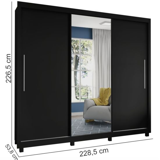 Guarda Roupas casal Gelius Royale com 228,5 cm de Largura 3 portas de correr com espelho – Preto/Naturale